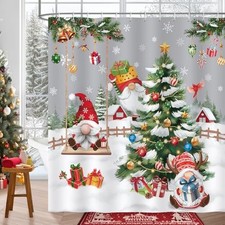 Christmas Gnomes Shower Curtain, Xmas Tree Gifts Pine Branches Grey Winter