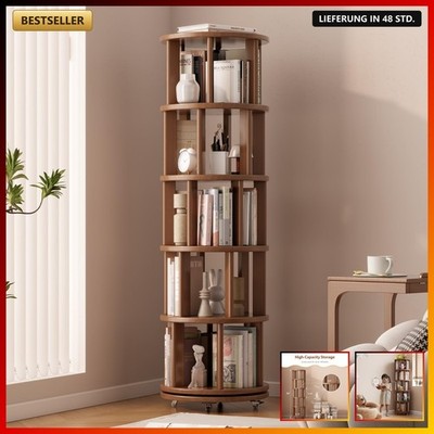 Rotating Bookcase, 5tier Solid Wood, Standing Shelf, 360 Degree, (Walnut Wood)