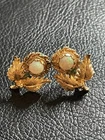 Vintage Miriam Haskell Gold Leaf Clip-On Earrings Opal Cabochon Stones Unsigned