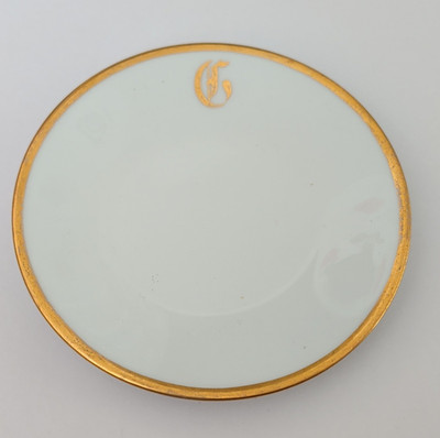 T & V Limoges Porcelain Saucer White Gold Trim Monogrammed 1913 France Vintage