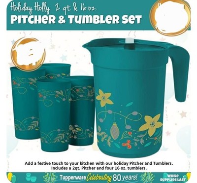 NEW! Tupperware Heritage Pitcher 2 QUART & 4 16oz Matching Tumbler