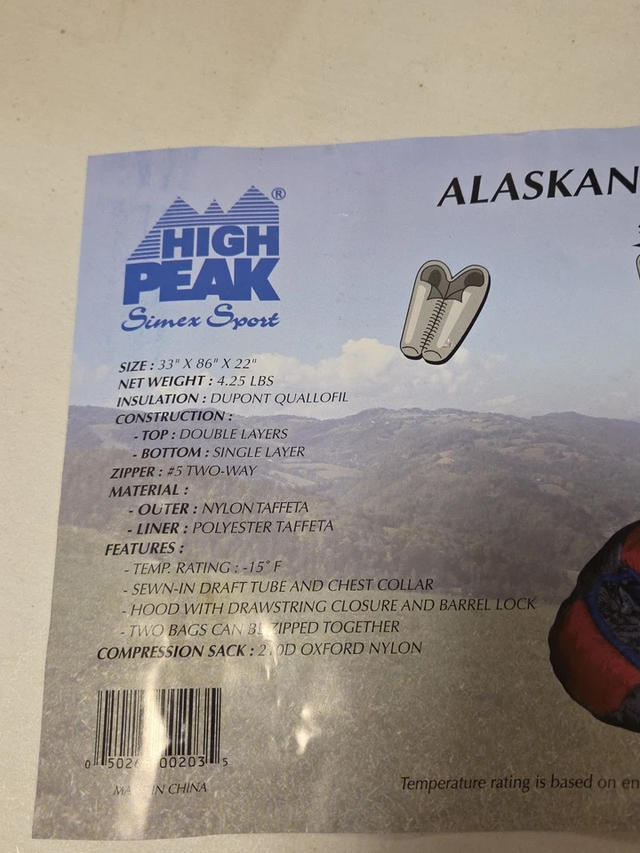 High Peak Simex Sport Alaskan Sleeping Bag -15 F Blue 33x86x22 Inch 4.5 lb. New - Image 2 of 4