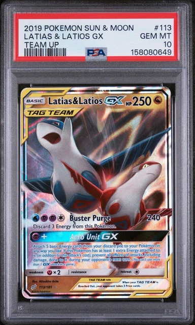 2019 POKEMON SUN & MOON TEAM UP #113 LATIAS & LATIOS GX PSA 10