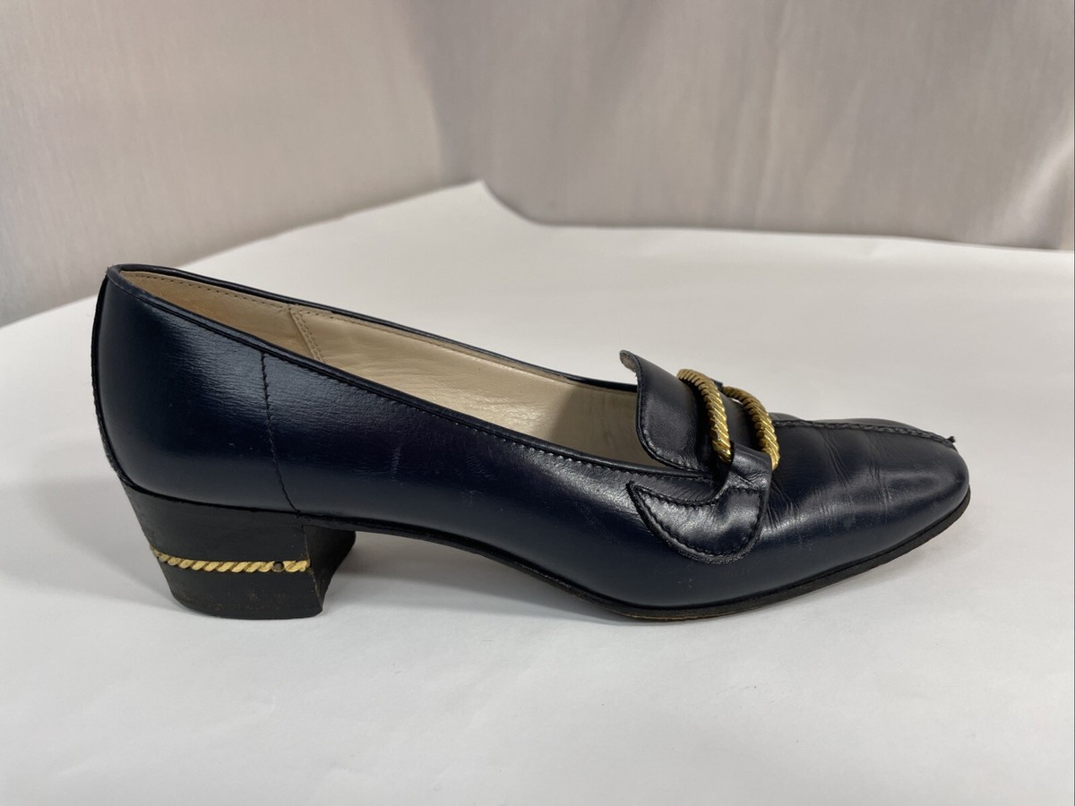 GUCCI Women's Navy Blue Leather Shoes 7 Block Heels Black Heel | eBay