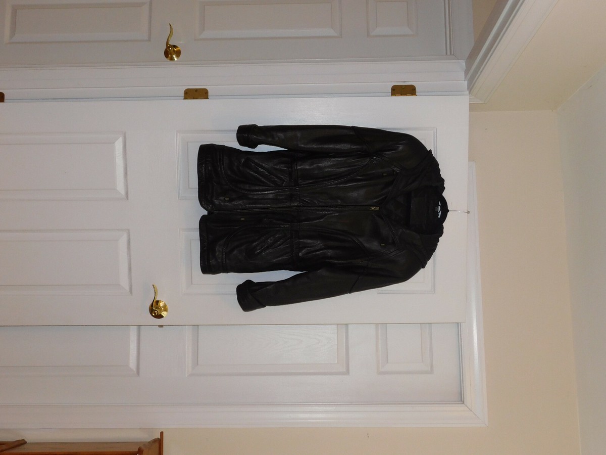 Jacqueline Ferrar Leather Coat Jacket, Hood, Drawstring Jacqueline Ferrar Leather Coat Jacket, Hood, Drawstring