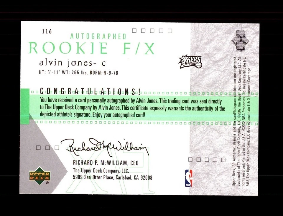2001-02 SP AUTHENTIC #116 ALVIN JONES ROOKIE F/X RC AUTO /1525 - 76ERS - Image 2 of 2