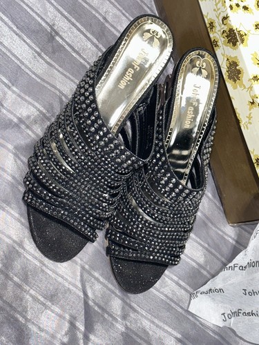 John Fashion Design Black Rhinestone Wedge Heels Women’s Size 8 (with box) - Picture 2 of 5