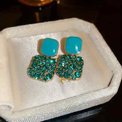 Square Shape Shiny Rhinestone Decor Dangle Earring Trend Elegant Style Green New