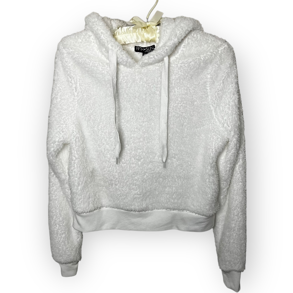 Fifth Sun Junior's White Teddy Bear Fleece Pullover Cropped Hoodie