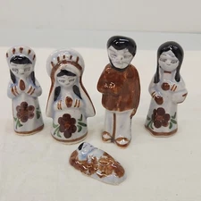 Mexican Tonala Folk Art Pottery Nativity Set 5 pc Hand Painted Blue Brown VTG