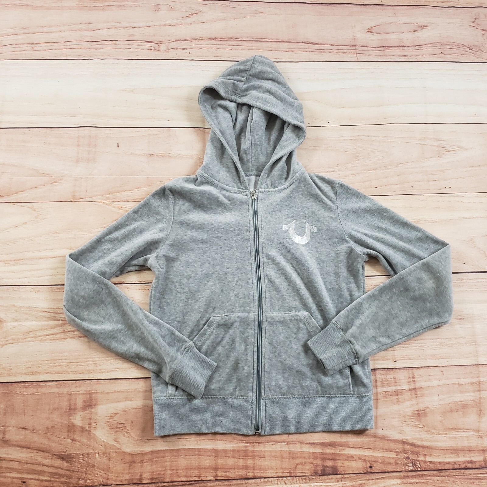 True Religion Sweater Womens Small Gray Outdoor Full Zip Velour Hooded Buddha