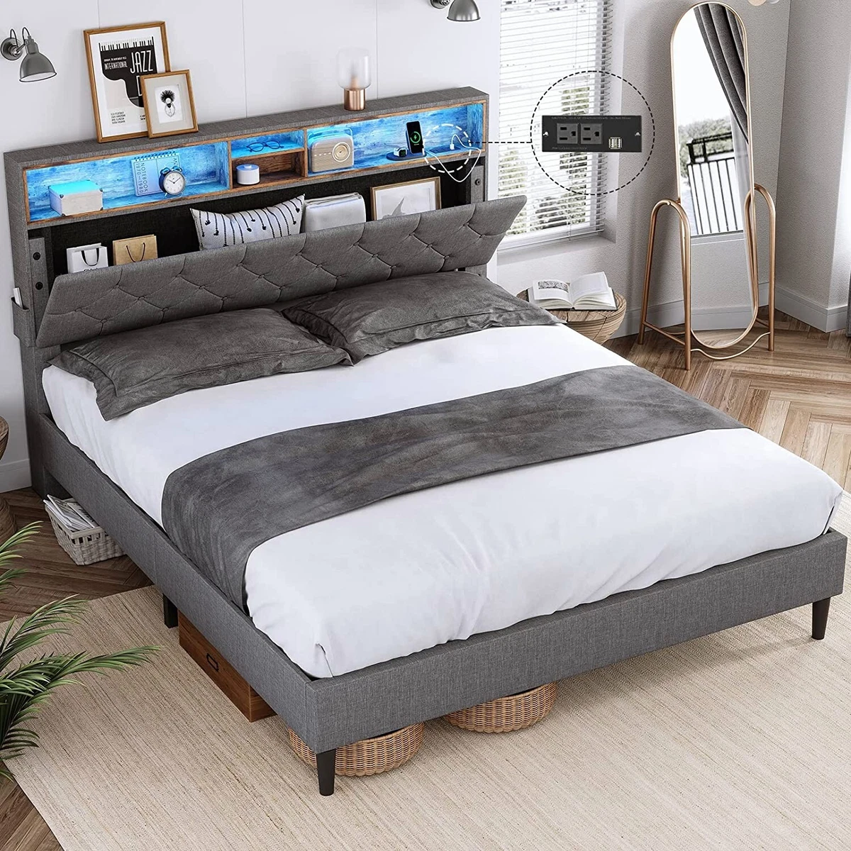 Full size platform bed with headboard outlet