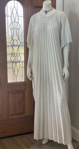 Vintage 1970’s White Silver Sparkle Pleated Caftan Holiday Evening Day Dress M/L - 第 1/11 張圖片