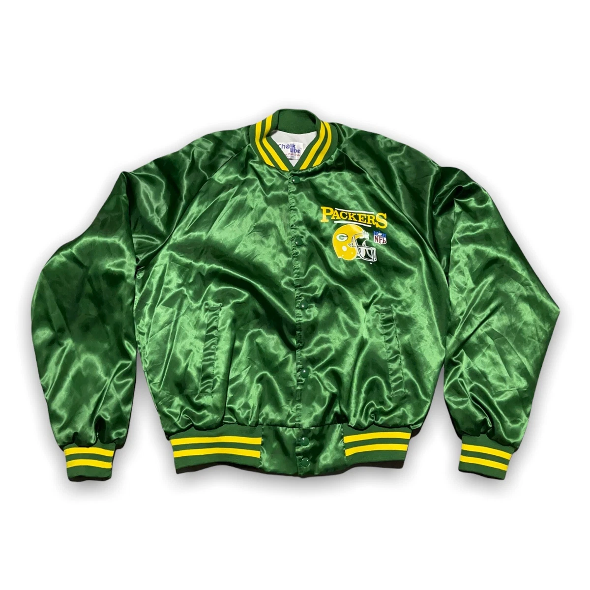 Vintage Green Bay Packers BACK SPELLOUT Chalk Line Satin Button Jacket Size L