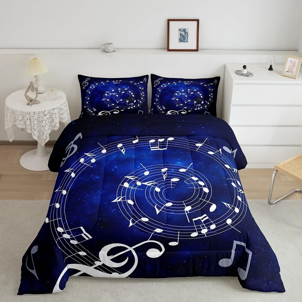 Juego de edredón Music Note Swirl tamaño completo azul cielo estrellado juego de ropa de cama para adultos... Foto 2 de 4