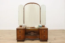 Art Deco Vintage Walnut Triple Mirror Dressing Table Vanity #55205