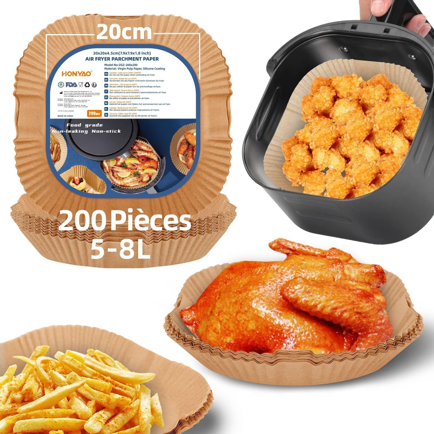 Papier de cuisson air fryer carré 20x20 cm HONYAO en matériau sulfurisé haute densité