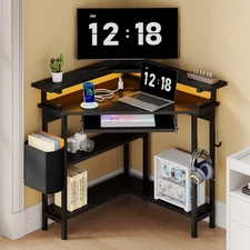 LED Corner Desk with Charging Station Triangle Corner Table w/Keyboard Tray NEW!