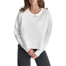 DKNY White Studded Crewneck Sweater NWT Small Oversized Split Hem Fall Cozy