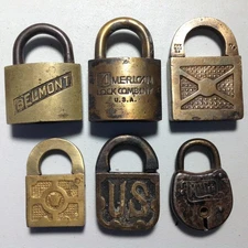 SIX OLDER PADLOCKS Without Keys, Two Stamped U S-One Belmont-One Miller-Plus
