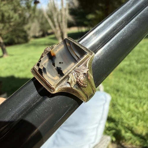 Antique Solid Sterling & 10k Gold Moss Agate Men’s Size 12 Black Hills Gold