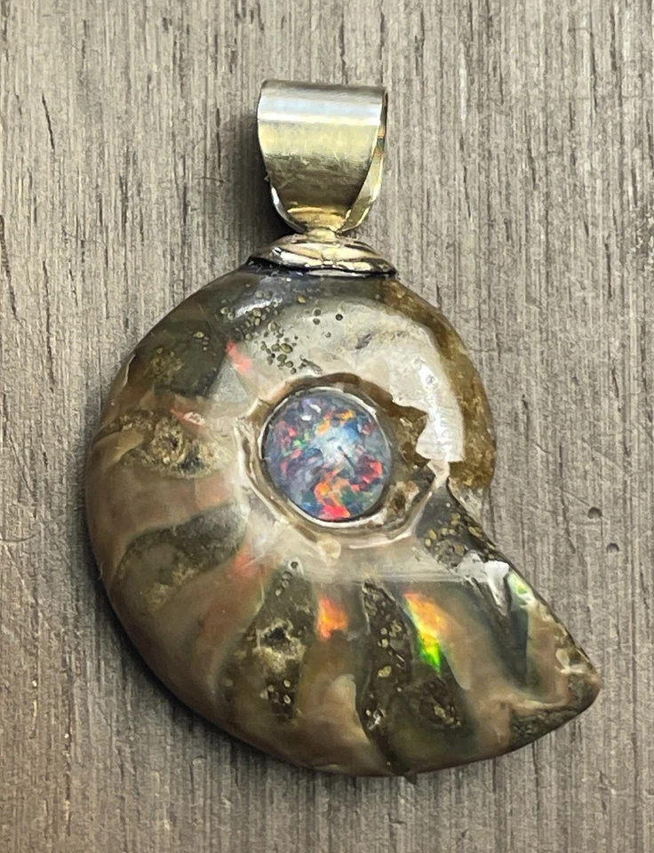 Fósil de amolita (amonita opalizada) de oro macizo de 14K + ¡amuleto triplete de ópalo negro! Foto 2 de 4