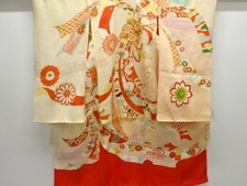 7646709: JAPANESE KIMONO / ANTIQUE KIMONO / SILK / EMBROIDERY / KINSHA / FLOWER