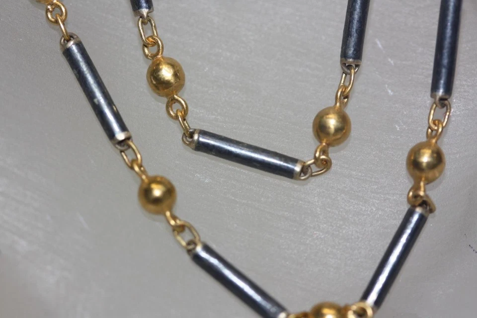 ESTATE ГУРХАН ТОНКИЙ 24K ЗОЛОТО БИСЕР ОЖЕРЕЛЬЕ ЧЕРНЫЙ СЕРЕБРЯНЫЙ СЛИТОК ЗВЕНО ЦЕПИ 17» - Изображение 3 из 4