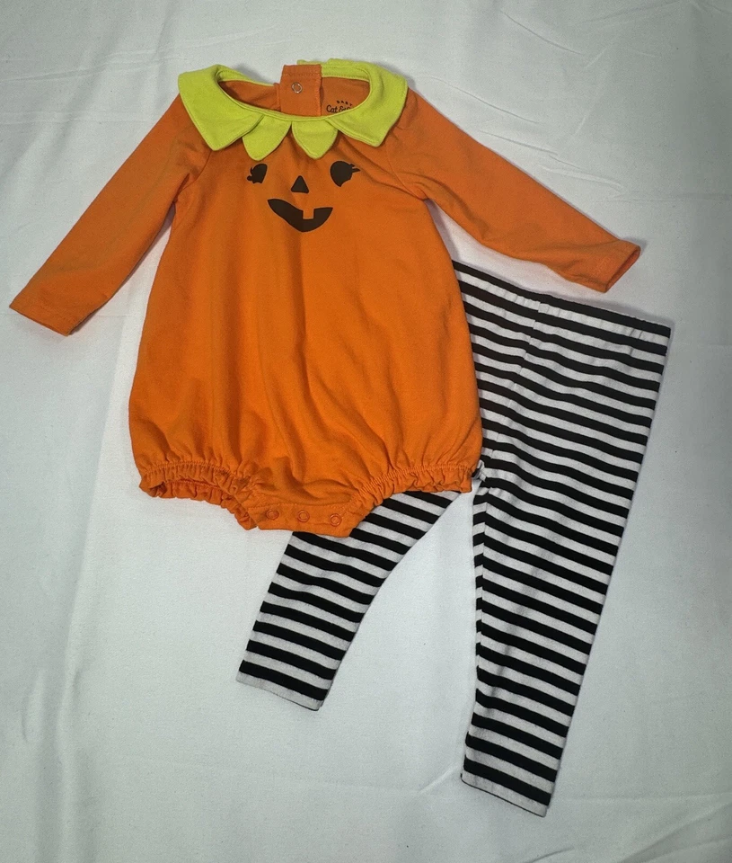 Pumpkin Halloween Costume Set Top Pants Hair Bow Cat & Jack Baby Girls 3-6 Mos - Image 2 of 4