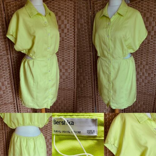 BNWT BERSHKA Acid Green LINEN BLEND Button Down Dress XL UK 14 L34” PARTY Casual - Afbeelding 1 van 11