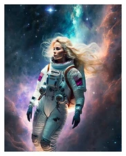 GORGEOUS LADY ASTRONAUT FLOATING THROUGH SPACE NEBULA 8X10 WALL ART AI PHOTO