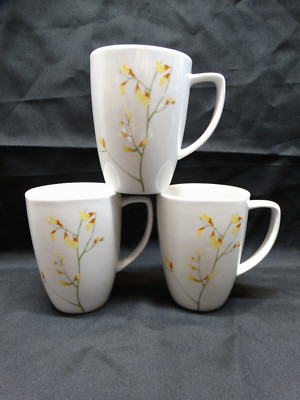 Set Of 3 Corelle Coordinates Kobe Porcelain Coffee Mugs Yellow Forsythia Flowers