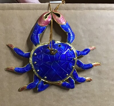 Alsan Victorian Enameling Cloisonné Ornament blue crab hinged legs beach 3 1/2 