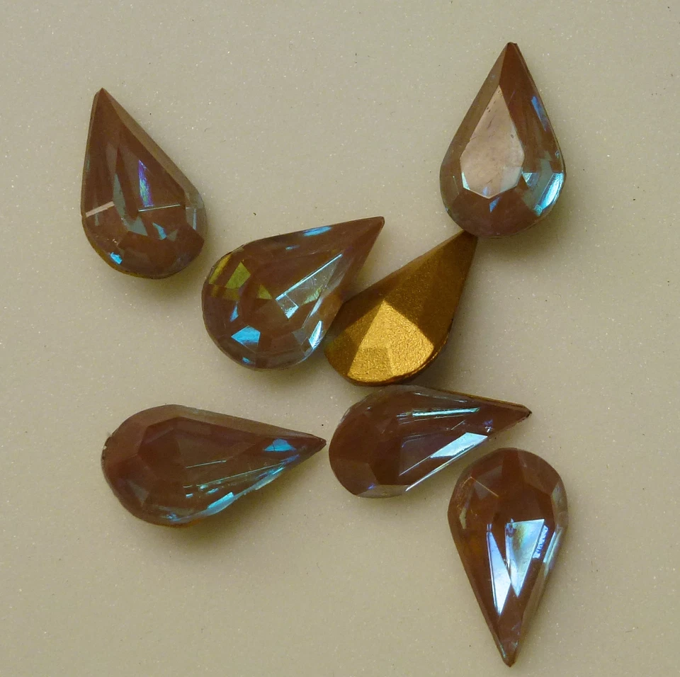 2 Rare Vintage Glass Rhinestones Pear Saphiret Gold TTC Foiled PB 13x8mm F2-1 - Image 4 of 4