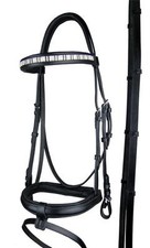 Black Leather Snaffle Horse Bridle 3 Lane Diamante Brow band Cob, Full, W/B Size