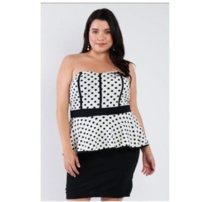Fashion 2 Figure Black & White Polka Dot Peplum Pencil Dress Plus Size 18-20
