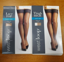 2 Pairs: West Loop Lace Top, Thigh High, Sheer Toe, Pantyhose L/XL Beige Mist 5B