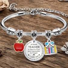 Handmade 7-8.5" European Silver-Tone Bead Charm Bracelet New Teacher B2832