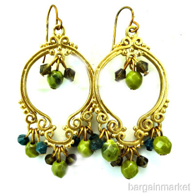 Gold Tone Boho Dangle Chandelier Olive Green Gold Bead Gypsy Earrings 