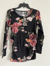 Belle Sky Maternity Long Sleeve T-Shirt Black Pink Floral Size M Knit Stretch