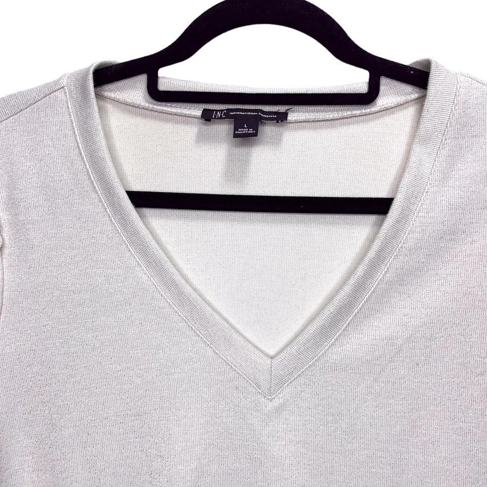 Suéter INC Elegante Rosa Pálido y Plata Talla Grande Manga Abullonada Cuello en V Brillante Foto 4 de 4