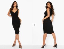 Little Black Dress Slinky Midi Wrap Size 12 M Stretchy Boohoo Comfort Pullover