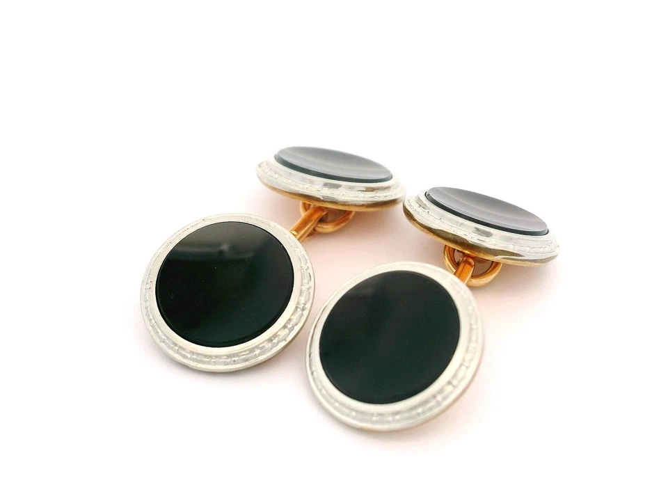 Gemelos redondos Krementz de ónix negro cóncavo de oro amarillo y platino de 14 k para hombre Foto 3 de 4