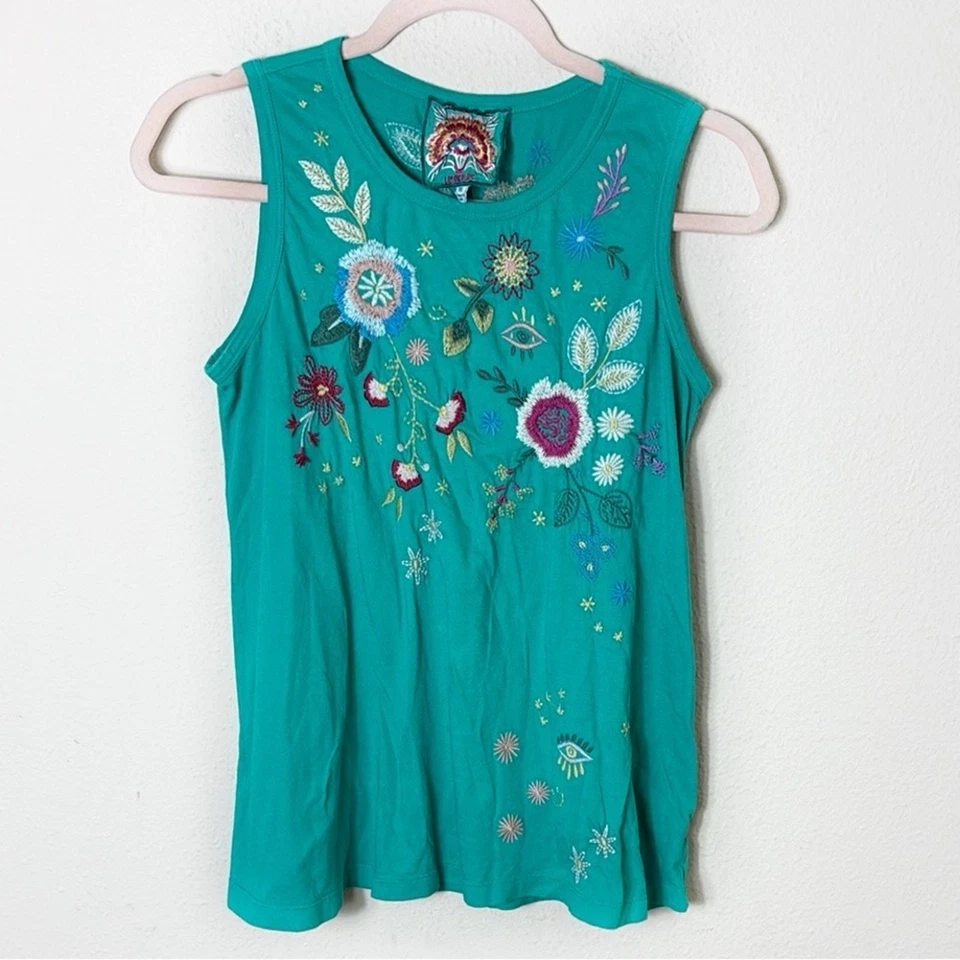 Johnny Was Embroidered Tan Top Floral Eye Design Teal Green size XS - Изображение 2 из 4
