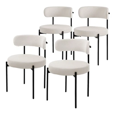 4 Chaises de salle à manger rondes rembourré en tissu teddy blanc avec dossier - Photo 1/4