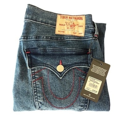 True Religion Ricky Relaxed Straight Jeans Dark Whitening Wash Red Stitch 32x32