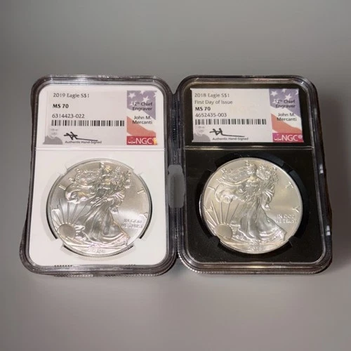 2018 & 2019 American SILVER Eagle John M. Mercanti Signed NGC MS70 Lot of 2 1oz