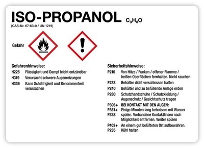 Aufkleber Kombi + Text  ISO-PROPANOL  Warnhinweise Gefahrensymbole gemäß GHS/CLP