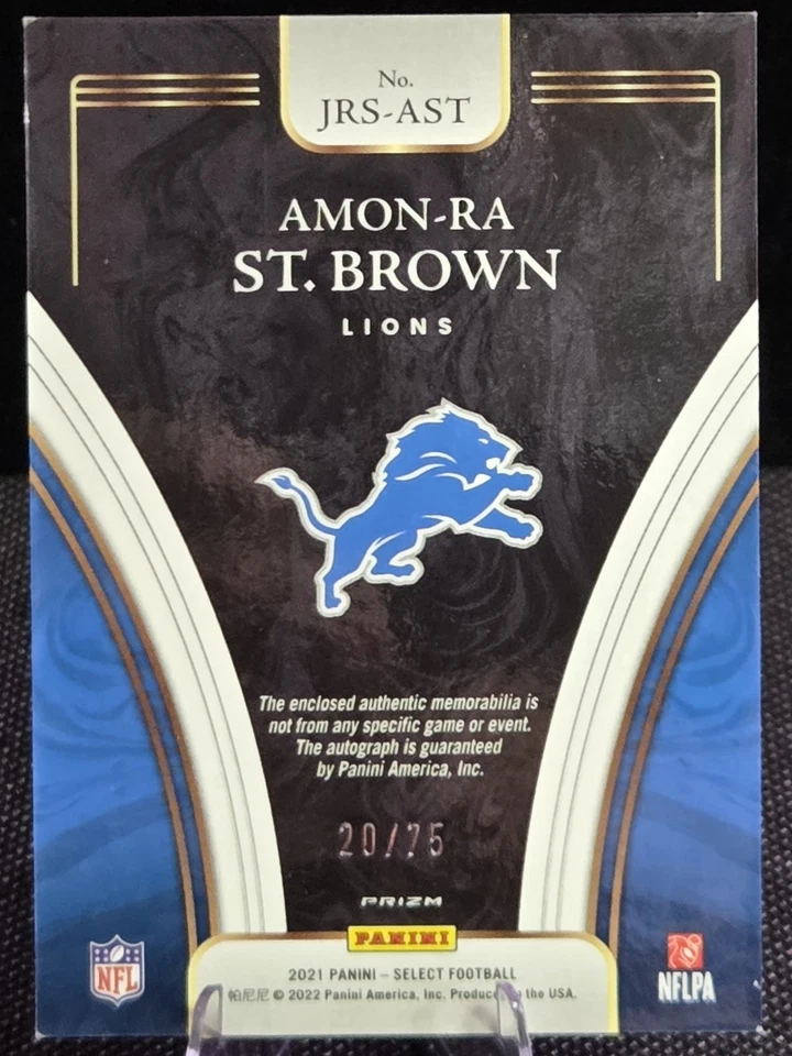 Amon-Ra St Brown RPA /75 2021 Panini Select Football RC Auto Patch Lions JRS-AST - Image 2 of 4