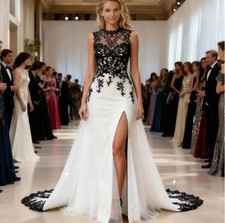 Elegant Black And White Wedding Dress With Detachable Train Side Slit Lace